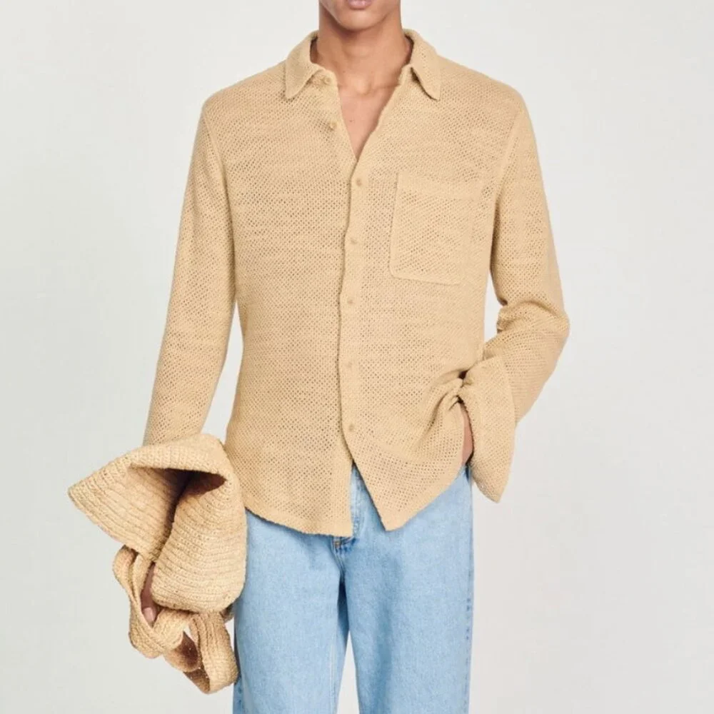 Sandro Tan Mesh Long Sleeve Shirt in Large - Picture 6 of 10